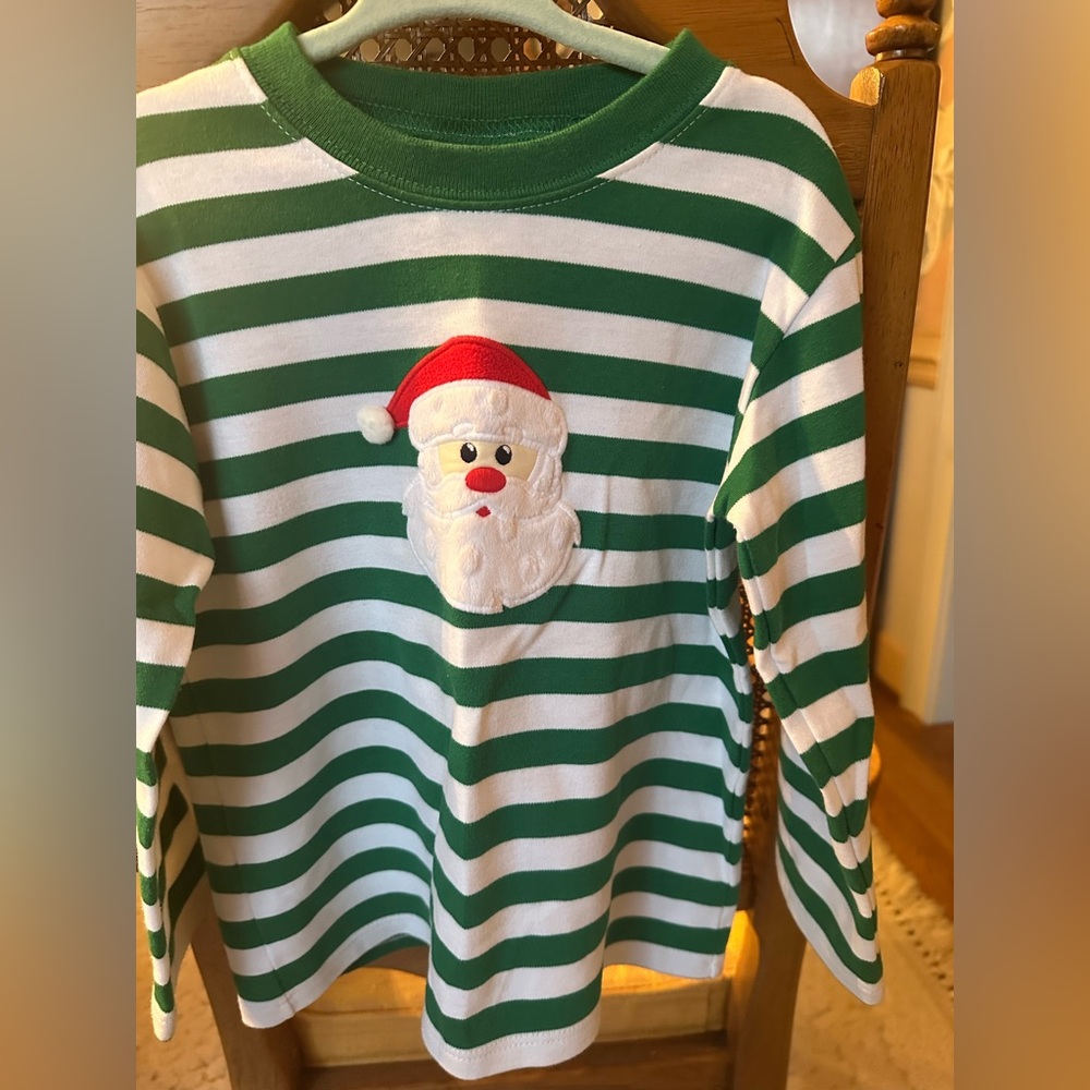 Green and White Striped Kids Long Sleeve Tee with Santa Design
